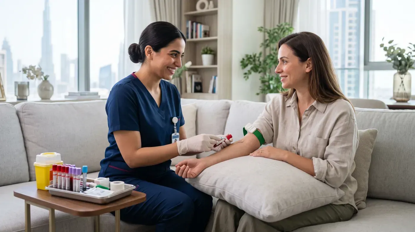 Professional phlebotomist performing home blood collection in Dubai