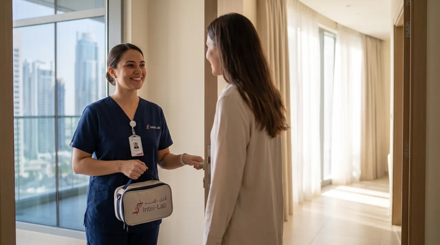 Intel Lab phlebotomist arriving at a Dubai apartment door for home sample collection